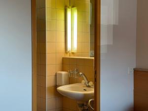 a bathroom with a sink and a mirror at Hôtel La Croisée Neuchâtel in Malvilliers +36 photos