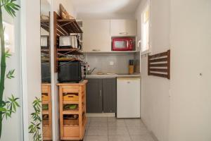 a kitchen with gray cabinets and a white refrigerator at Doux Pavillon - Le Patio in Nice