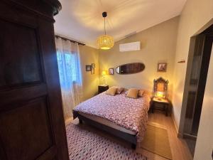 a bedroom with a bed and a chandelier at L'annexe du vigneron in Châtillon-sur-Cher