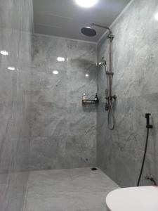 a bathroom with a shower with a toilet and a sink at Dhigurah Holidays in Dhigurah