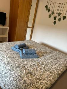 two blue towels sitting on top of a bed at Studio à Niederkorn in Differdange