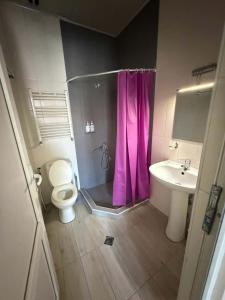 ein Badezimmer mit einem rosa Duschvorhang und einer Toilette in der Unterkunft Platformatbilisi in Tbilisi City + 16 Fotos
