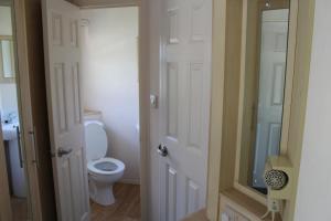 a bathroom with a toilet and a sink and a mirror at The Willows at Kingsmead Camping in West Buckland