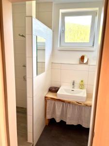 a bathroom with a sink and a window at Claras Bergzeit in Flattnitz +57 photos