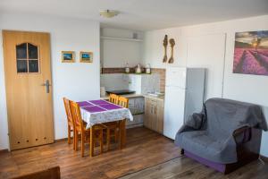 a kitchen with a table and chairs and a refrigerator at Noclegi U Asi in Polańczyk +27 photos