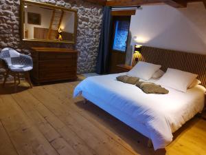 a bedroom with a large white bed and a mirror at Gite en chartreuse in Proveysieux
