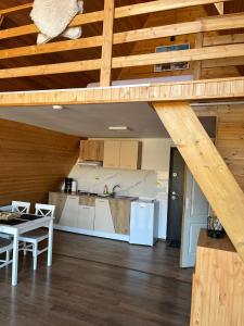 an open kitchen and dining room in a log cabin at La TRIUNGHIURI in Târgu Ocna +14 photos