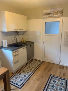a small kitchen with a sink and a door at Carpe diem in Speyer +21 photos