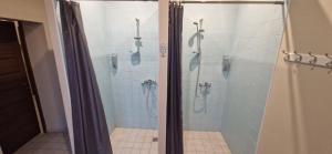 a bathroom with a shower with a glass door at Attic rooms-Bēniņu istabas in Jelgava