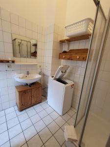 a small bathroom with a sink and a toilet at Haus Teelke in Papenburg