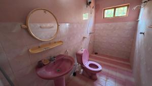 a pink bathroom with a pink toilet and a sink at Diws Holiday Bungalow in Anuradhapura +23 photos