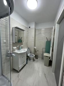 a bathroom with a toilet and a sink and a shower at Apartment White Tower Residential in Ploieşti +28 photos