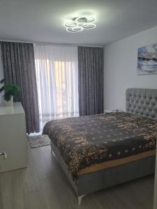 a bedroom with a bed in a room with windows at Apartment White Tower Residential in Ploieşti