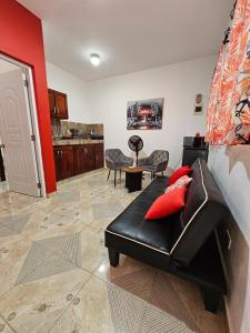 a living room with a black leather couch and red pillows at Caribbean Domicil Apartment 02 in Las Terrenas