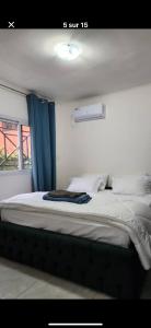 a bedroom with a large bed with a blue curtain at Oasis de Moanda 1 in Libreville