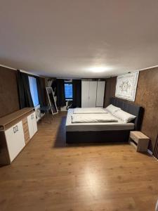 a large room with a bed and a desk at Haus am Freilinger See Bar in Blankenheim +8 photos