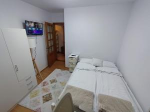 a bedroom with a bed and a tv in it at Apartament Abby in Sighişoara