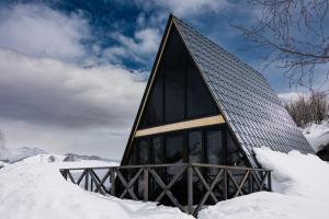 a building with a pointed roof in the snow at Lumina Cottage in Gudauri
