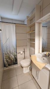 a bathroom with a toilet and a sink at Pension Horvath in Sankt Kanzian +100 photos