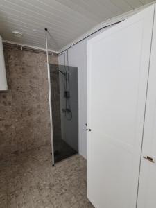 a bathroom with a shower and a glass door at Majoitus Merihelmi in Kristinestad +7 photos