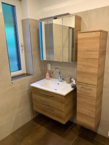 a bathroom with a sink and a mirror at Ferienhaus Krenn in Bad Gleichenberg