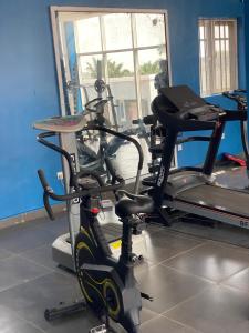 a room with a gym with a treadmill and a laptop at Bluespring luxury hotel in Elu