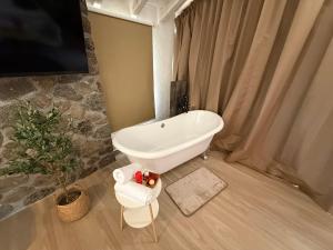 a bathroom with a tub and a chair and a tv at Cabañas San Antonio in Ezequiel Montes