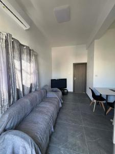 a long couch in a living room with a television at Central Stone Living in Peyia