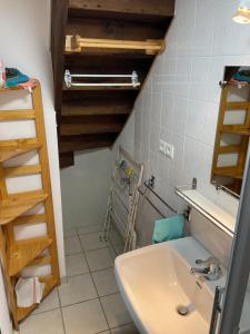 a bathroom with a sink and a shelf and a ladder at Maison 6 couchages in Le Monteil +9 photos