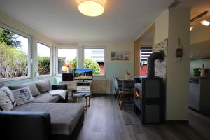 a living room with a couch and a stove at Neu Süllitz, Bungalow 50 in Neu Süllitz