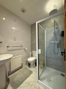 a bathroom with a shower and a toilet and a sink at Ashfield Bed & Breakfast in Belfast +53 photos
