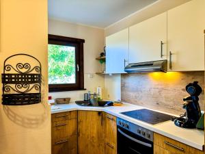 a kitchen with a sink and a stove top oven at Räuberlager 15 in Dammbach