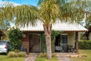 a palm tree in front of a house at Hotel Acqua Lokos in Arroio Teixeira
