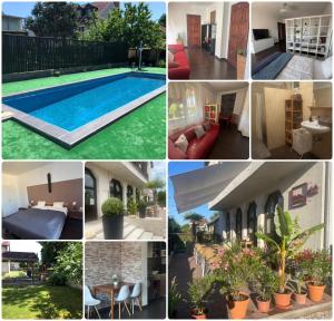 a collage of photos with a pool and a house at Bestapartman in Balatonboglár