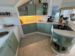 a small kitchen with green cabinets and a sink at AE321-Aeroskobing-Borgnaesvej-7 in Ærøskøbing