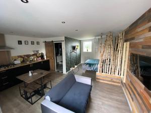 a living room with a blue couch and a table at Le nid de la Brenne in Luant