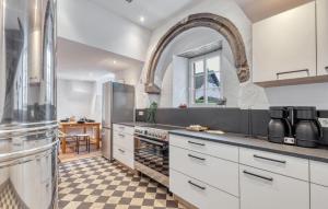 a large kitchen with white cabinets and an archway at Munkler Mühle Whg 1 in Irrhausen +34 photos