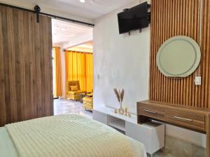 a bedroom with a bed and a mirror and a tv at Endless Salt in Colchani