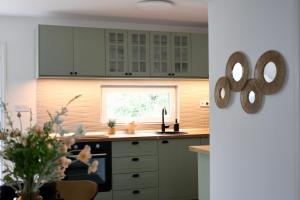 a kitchen with green cabinets and a window at Wolf House in Balatonboglár +9 photos