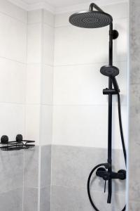 a shower in a bathroom with a glass door at Wolf House in Balatonboglár