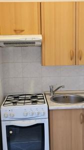 a kitchen with a stove and a sink at Apartmán Centrum in Komárno