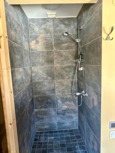 ein Badezimmer mit Dusche und blauen Fliesen in der Unterkunft Kastaņas in Kaibala