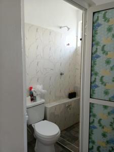 a bathroom with a toilet and a bath tub at Ardina Studio in Mtwapa