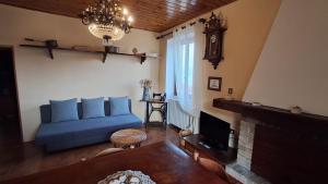 a living room with a blue couch and a fireplace at La dimora del lago in Meina
