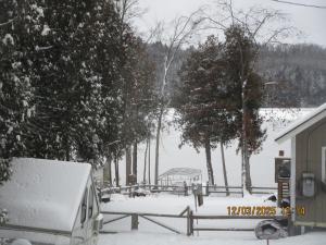a snow covered yard with a house and trees at Bunkhouse on Bomoseen in Castleton