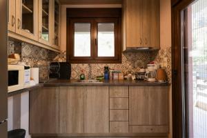 a kitchen with wooden cabinets and a sink at Elia Deluxe Accommodation in Kalabaka