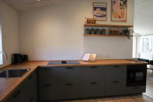 a kitchen with a wooden counter top and a sink at Billund Guest Lodge in Grindsted +7 photos