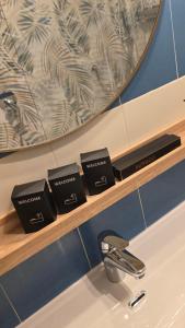 a bathroom sink with three soap dispensers on a shelf at La Casa di Draf Appartamento Humanitas IEO Forum in Rozzano