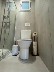 a bathroom with a toilet and a glass shower at Janela para o Atlântico in Porto Moniz