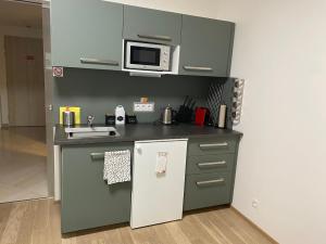 a small kitchen with a refrigerator and a microwave at Harfa Apartment 30 in Prague